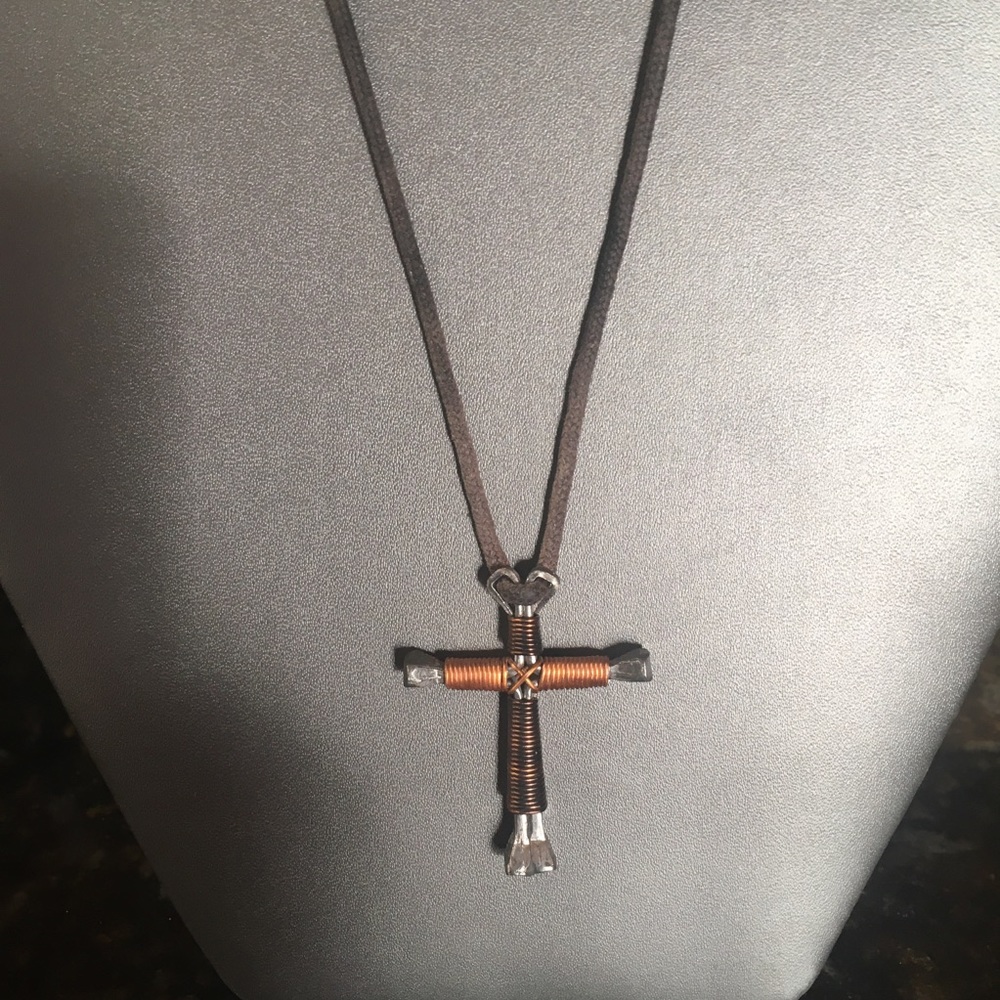 Gunmetal Nails Wrapped with Copper Cross on corded necklace UNIQUE